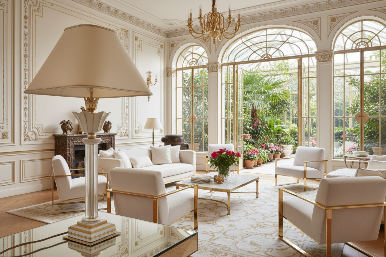 1980er Italien Giulia Mangani Manufaktur Tischleuchte Messing Lucite Porzellan vergoldet 53 cm